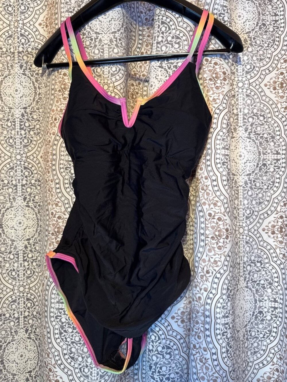 Popvil Womens Black One-Piece Swimsuit With Rainbow Trim & Adjustable Straps Siz